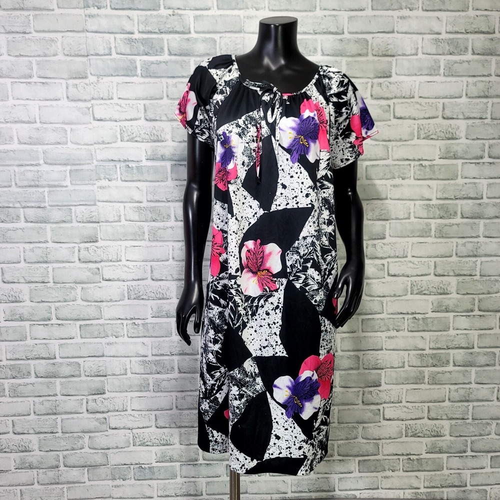 Vintage 80s Haband Womens M Polyester Floral Nightgown Lounge Dress Keyhole